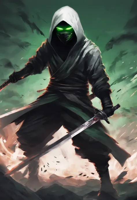 Ninja boy with black hood and black mask with white hair and green eyes, carregando armas de fogo