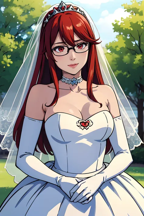 Yoshizawa Sumire, long hair, glasses, hair between eyes, ahoge, red eyes,red hair, star (symbol), hair ornament, dress, cleavage, bare shoulders, collarbone, long white elbow gloves, white gloves, white dress, white choker, strapless, tiara, veil, straples...