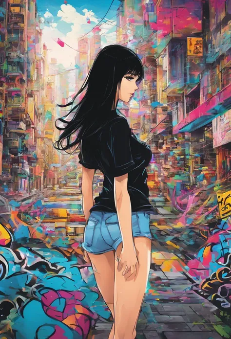 NSFW, Oil Style, digitalart, 1990s anime style, Black Hair Long Hair Straight, Japan beautiful girl, 18year old, Blunt bangs, Black camisole、