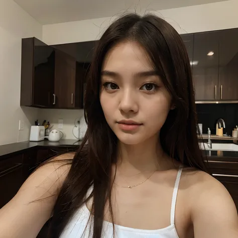 there is a woman with long hair and a white top taking a selfie, 18 years old, 21 years old, 2 2 years old, an asian woman, asian girl, a young asian woman, south east asian with round face, 2 7 years old, asian female, 2 3 years old, beautiful asian girl,...