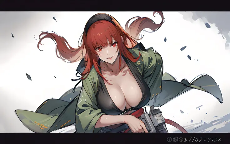 (long hair, red hair:1.6), black hairband, epic art, fantasy, letterboxed, 1girl, solo, breasts, japanese_clothes, cleavage, looking_at_viewer, jacket_on_shoulders, lips, upper_body, haori, collarbone, large_breasts, "Photorealistic, Hyperrealistic, Hyperd...