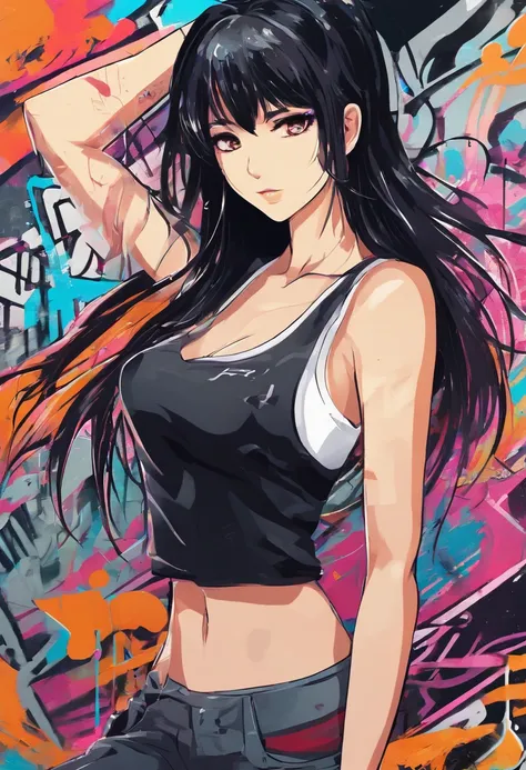 Oil Style, digitalart, 1990s anime style, Black Hair Long Hair Straight, Japan beautiful girl, Blunt bangs, Black camisole、