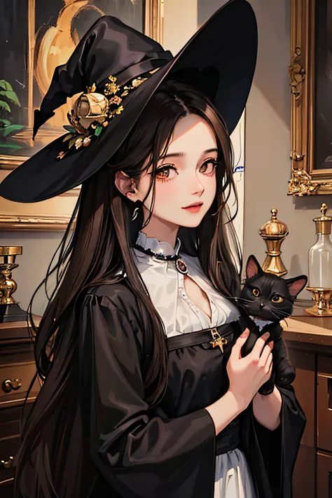 Masterpiece, Best quality,1 witch, Blackn clothes, long  skirt, cabelos preto e longos, mistic, Young, Brown eyes, Masterpiece, Holding a black cat, Holding a cat in his arms, There is a crystal ball in the background, Medicine bottles of different colors ...