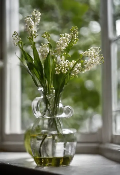 A vase on the windowsill，The vase contains small white flowers，There is also a bottle of purified water，Still life photography，afternoon sunshine，Quiet and beautiful，professional photoshooting，ultra-clear，high high quality