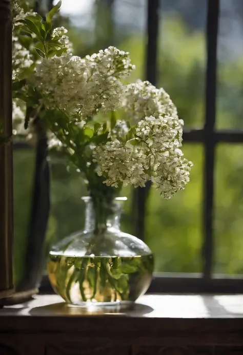 A vase on the windowsill，The vase contains small white flowers，There is also a bottle of purified water，Still life photography，afternoon sunshine，Quiet and beautiful，professional photoshooting，ultra-clear，high high quality