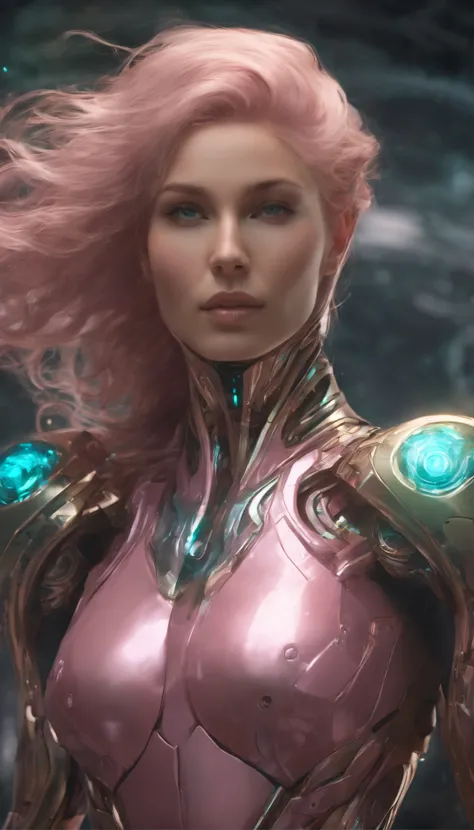 hologram girl, samus aran, pink suit, full body, ethereal body, muscular body, curvy, gorgeous woman, futuristic fullbody suit, absurdly long pink hair, Divine beauty, Radiant complexion - Golden and pure, Expressive green eyes - Compassionate and wise, Sh...