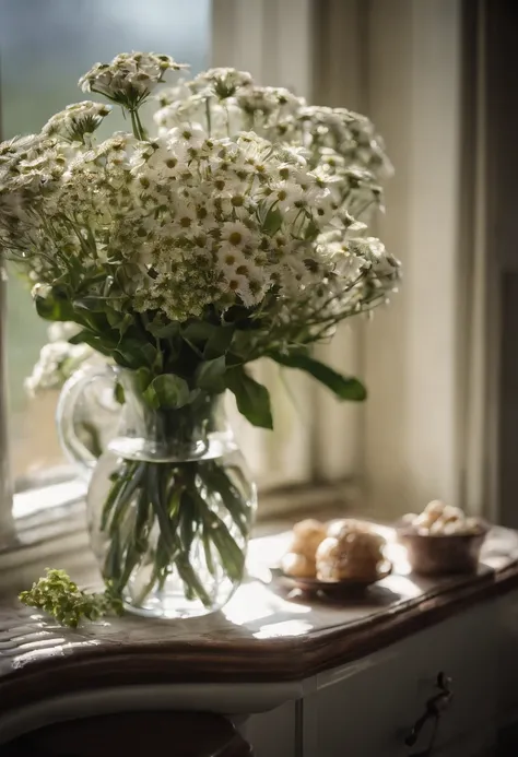 A vase on the windowsill，White daisies are inserted in the vase，There is also a bottle of purified water，Still life photography，afternoon sunshine，Quiet and beautiful，professional photoshooting，ultra-clear，high high quality