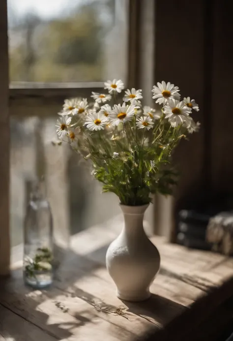 A vase on the windowsill，White daisies are inserted in the vase，There is also a bottle of purified water，Still life photography，afternoon sunshine，Quiet and beautiful，professional photoshooting，ultra-clear，high high quality