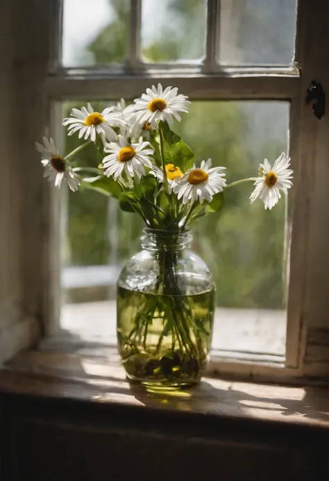 A vase on the windowsill，White daisies are inserted in the vase，There is also a bottle of purified water，Still life photography，afternoon sunshine，Quiet and beautiful，professional photoshooting，ultra-clear，high high quality