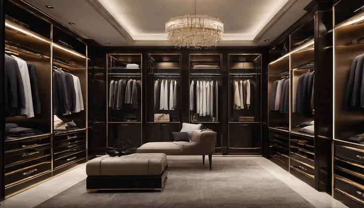 Walk-in closet view，With bench and mirror,The color of the wardrobe door panel is dark brown elegant wardrobe, elegant futuristic wardrobe, luxury item showcase, luxurious environment, luxury hd render, gold and luxury materials, luxury fashion, Luxury mat...