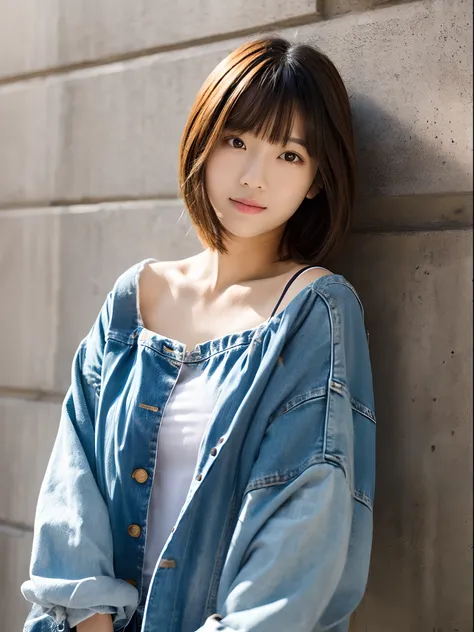 top-quality、超A high resolution、(Photorealsitic:1.4)、女の子1人、、small tits、、、A Japanese Lady、Looking at the camera、long Sleeve T-Shirt、Concrete background、Facing the front、is standing、yellow  hair、bobhair、Woman in her late teens、Light bangs、short-hair、Salon mod...