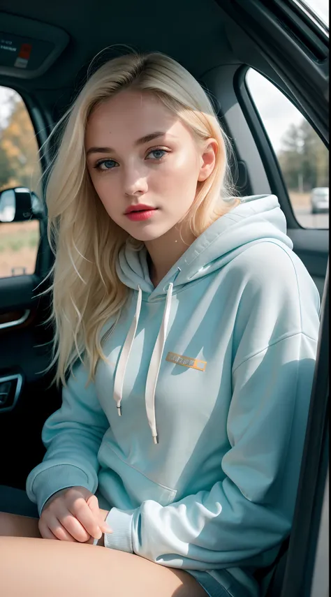 RAW photo, a 22-year-old blonde girl, upper body, selfie in a car, blue hoodie, inside a car, driving, lipstick, soft lighting, high quality, highres, sharp focus, extremely detailed, (sunlight on face), beautiful detailed eyes, masterpiece, cinematic ligh...