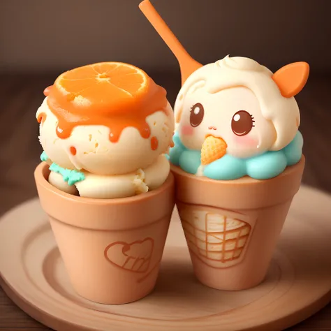 Cute orange ice cream character eating ice cream