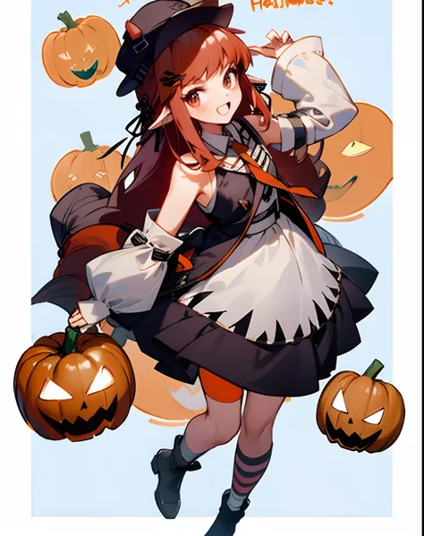 cropped shoulders，knee length socks，halloween，pumpkin dress-up，stand up，with a hat on