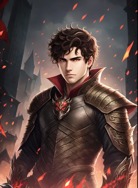 a image measuring 512x800, Wattpad cover, male character with white skin, dark brown curly and short hair, dark eyes, Iron Throne in the background, Big scary wolf with red eyes behind the character, House of The Dragon theme. --auto --s2