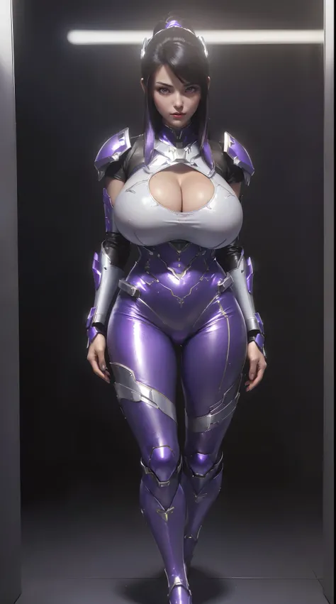 (1GIRL,SOLO:2), (super detailed face), ((BIG BUTTOCKS, HUGE FAKE BREASTS:1.5)), (CLEAVAGE TOP:1.5), (11 LINE ABS FEMALE:1.4), (MECHA GUARD ARM:1.4), ((WEAR PURPLE SHINY MECHA OVERWATCH ARMOR SUIT CROP TOP, BLACK MECHA SKINTIGHT SUIT PANTS, MECHA GUARD ARMO...