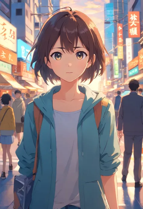 Um menino, transformado em um estilo anime, with exaggerated facial features and unique clothing, Standing on a busy city street, fundo retroiluminado destacando o assunto, cores de alto contraste, 4K high definition quality, jovem, sorridente, bonito , co...