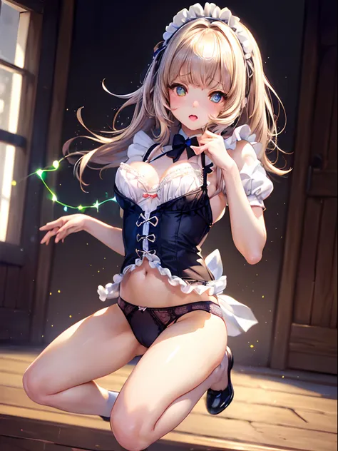 ((((jumpping)))　((Underwear pattern))　Look away and peek　​masterpiece, 1 Girl Maid, 独奏, ((Luminous Eyes)), top-quality, Realistic underwear pattern, ultra-detailliert, (extremely delicate and beautiful work), ((masuter piece)), (Best Quality),