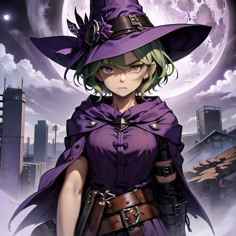 top-quality、extremely delicate and beautiful、(a teenage girl)、purple eye、green hair、short-haired、(purple witch hat)、purple tie、s...