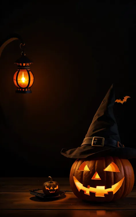 Halloween pumpkin with witch hat and lantern on table, Photo by Elaine Hamilton, pixabay, Fine Art, Halloween, halloween celebration, Halloween atmosphere, profile image, halloween theme, profile photo, halloween night, Spooky and scary atmosphere, Hallowe...