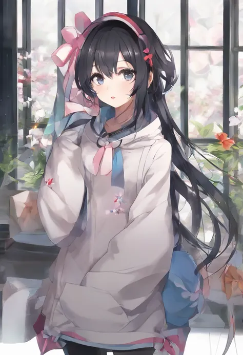 1 female、独奏、short-hair、Opening Mouth、bangss、hair adornments、long-sleeve、bow ribbon、鎖骨、Hair Ribbon、grey  eyes、A dark-haired、multicolored hair、Close one eye、hoods、Two-side-up、Sleeves go up to the wrists、a black ribbon、parka、Hood down、Sleeves go over the fing...