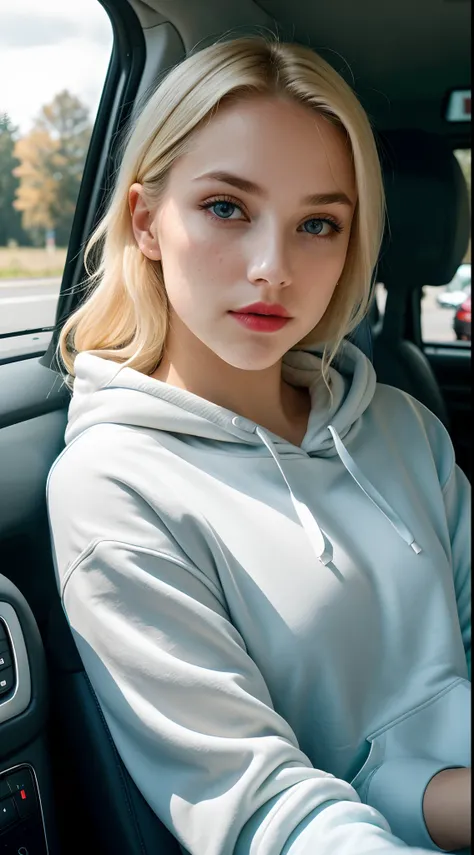 RAW photo, a 22-year-old blonde girl, upper body, selfie in a car, blue hoodie, inside a car, driving, lipstick, soft lighting, high quality, highres, sharp focus, extremely detailed, (sunlight on face), beautiful detailed eyes, masterpiece, cinematic ligh...