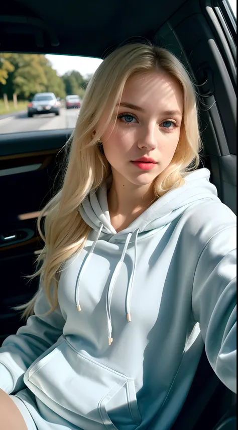 RAW photo, a 22-year-old blonde girl, upper body, selfie in a car, blue hoodie, inside a car, driving, lipstick, soft lighting, high quality, highres, sharp focus, extremely detailed, (sunlight on face), beautiful detailed eyes, masterpiece, cinematic ligh...