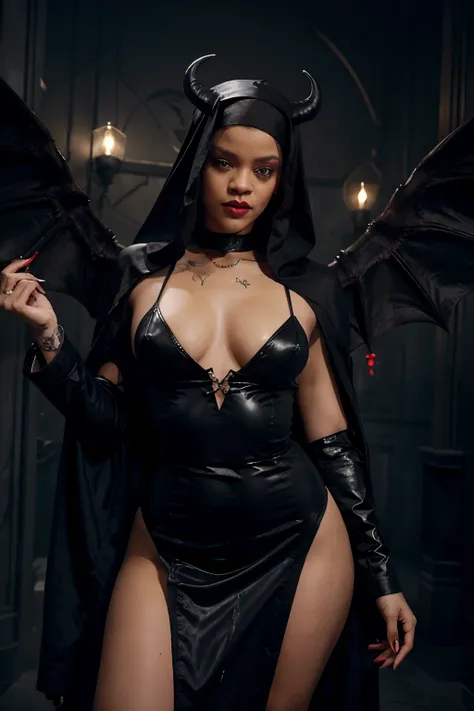 Rihanna as an evil nun,en robe de nonne sexy, Two Demon Horns on the head, rouge & Black Demon Wings, diabolique, insidieux, Dark and Sinister Satanic Church