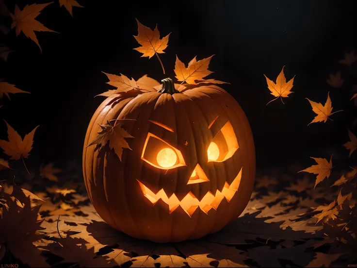 (Absurdres:1.2), exquisitely detailed jack-o lantern, ethereal, fall, maple leaves, dark glimmer, Shimmer, approaching perfection, ultra high quality, bokeh, shadows, dynamic angle, Luminous Studio graphics engine, volumetric lighting, bioluminescent light...