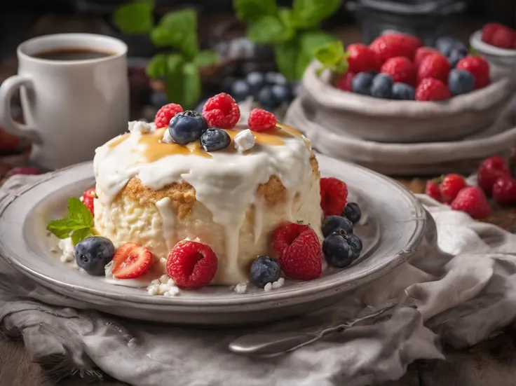 Cottage cheese casserole with condensed milk Casserole,Condensed milk on top,berries on top, hyper realisitc,Professional photo, 4k, hight resolution,Appetizing, hyper-detailing,Focus on the dish,food style, From the restaurant, 24MP, higly detailed