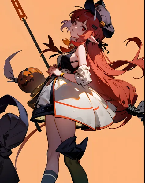 cropped shoulders，knee length socks，halloween，pumpkin dress-up，stand up，with a hat on，standing straight