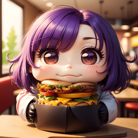 ​masterpiece、top-quality、ultra-detailliert、(Chibi Chara　Food Fighter:1.3)、Purple Bob、Double Cheese Bacon Big Burger🍔、Set Menu、Inside a fast food restaurant、eats、A smile