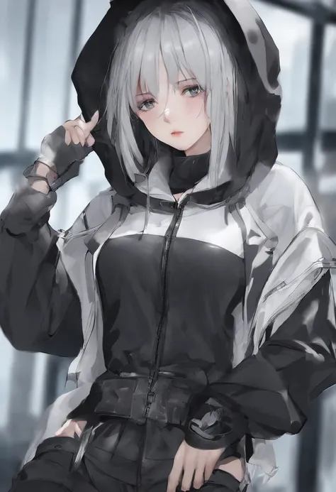 1 female、独奏、short-hair、Opening Mouth、bangss、hair adornments、long-sleeve、bow ribbon、鎖骨、Hair Ribbon、grey  eyes、A dark-haired、multicolored hair、Close one eye、hoods、Two-side-up、Sleeves go up to the wrist、a black ribbon、parka、Hood down、Sleeves go over the finge...