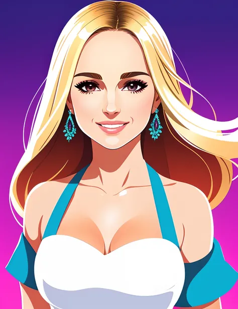 uo,flat vector art, ABBA singer,woman, beautiful anime style woman,Natalie Portman,smiling,Blonde flat color, wide angle, clean detailed faces, intracate clothing, analogous colors, glowing shadows, beautiful gradient, depth of field, clean image, high qua...