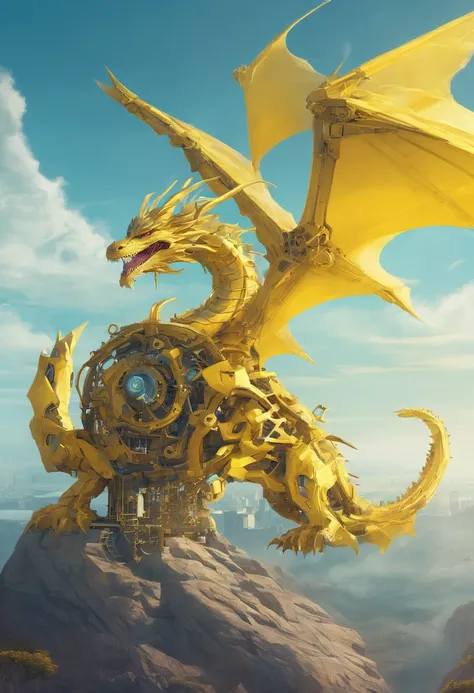 Illustration of a futuristic yellow mechanical dragon, with sleek design and visible cogs, hovering in the vast expanse of a cerulean blue sky. The scene is peaceful with no sign of lasers or aggression from the dragon.