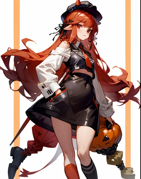 cropped shoulders，knee length socks，halloween，pumpkin dress-up，stand up，with a hat on，standing straight，leather shoes