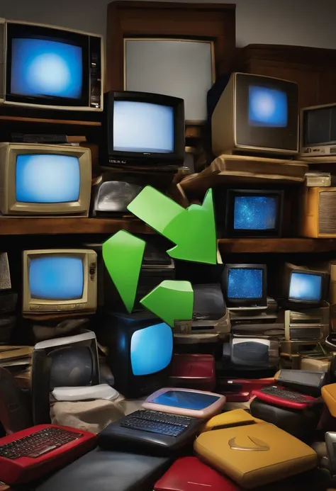 Computadores, celulares, telas de computador, pilha, Televisions scattered on the floor, with a recycling symbol in the middle