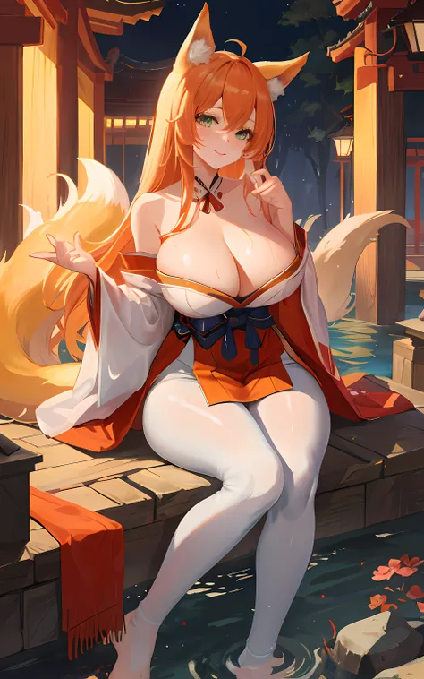 (Masterpiece: 1.5), (Best Quality: 1.5), Perfect Eyes, Perfect Face, Volumetric Lighting, 1 Woman, Mature Woman, (Whiteness: 5), fox ears, fox tail, orange hair, green eyes, massive breasts, massive cleavage, Japanese priestess, Japanese dress, barefoot, s...