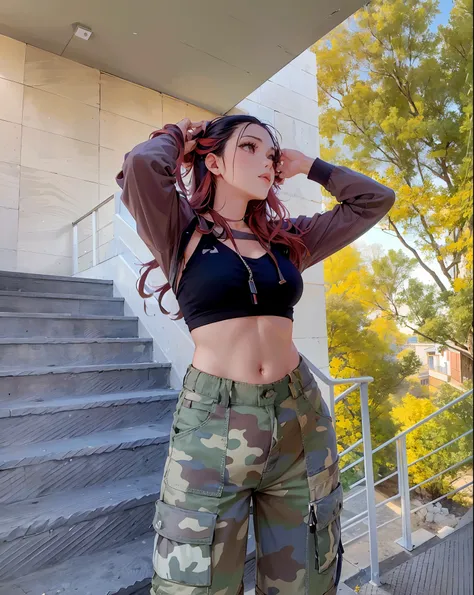 Araffe portant un haut noir et un pantalon de camouflage debout sur un escalier, casual pose, Photo de profil, Chemise crop et abdos forts, Army Girl Outfit, 18 ans, Elle porte du streetwear, elle a des gros seins et des gros tetons visible