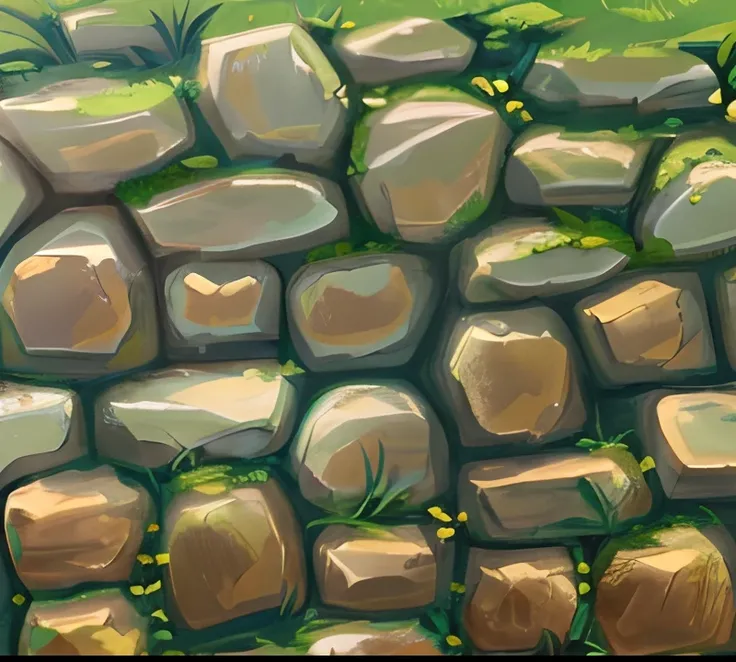 Stylized stone wall Texture, world of Warcraft style Texture, fantasy games stylzed Texture, tilleable, stone wall Stylize texture map, the stones surfaces are smooth, sharp image, high contrasts, natural clear blue sky day light, highly detailed, vivid co...