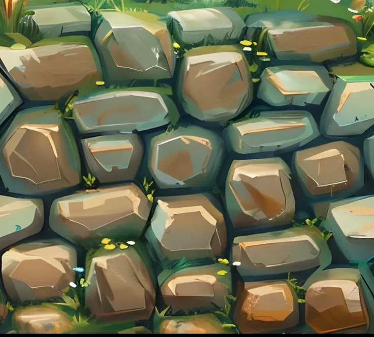 Stylized stone wall Texture, world of Warcraft style Texture, fantasy games stylzed Texture, tilleable, stone wall Stylize texture map, the stones surfaces are smooth, sharp image, high contrasts, natural clear blue sky day light, highly detailed, vivid co...