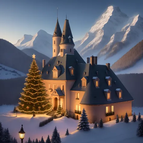 Chateau dans une montagne avec plein de sapin l hiver au milieu de la nuit