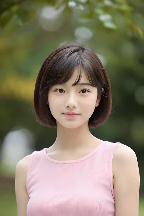 15 years old girl with short hair, adolable, Pink top.