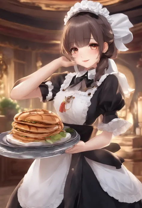 Close up portrait of a person holding a plate with food on it, anime girls in maid costumes, gorgeous maid, maid clothes, splash art anime loli, ( woman samurai ) girl, anime maids riding early tanks, anime cat girl in a maid costume, maid, maid dress, Ani...