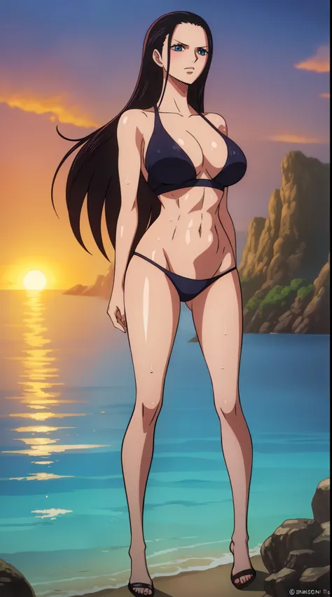 Nico Robin from one piece, black long hair, blue eyes, dark wide pupils, blushing, big breasts, wearing thong bikini, standing in the beach, sunrise, shiny skin, wet body, abs, muscle, six pack, dynamic view, close up,