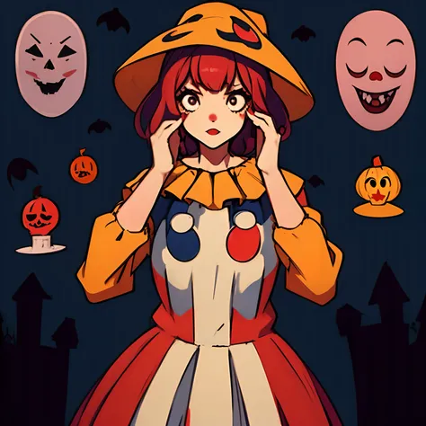 girl wearing clown costume, different expressions and poses, spooky costume