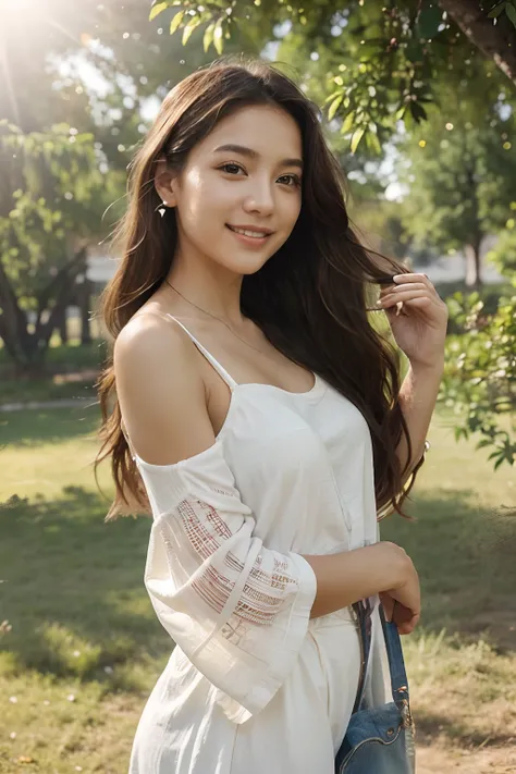 In the sunny weather, you can always put on your earphones and stand around and enjoy the music.. Her long hair is grazed by the wind and is attractively composed,, The sunlight shines gently on her face, bringing a smile to her face. Her skin glows health...