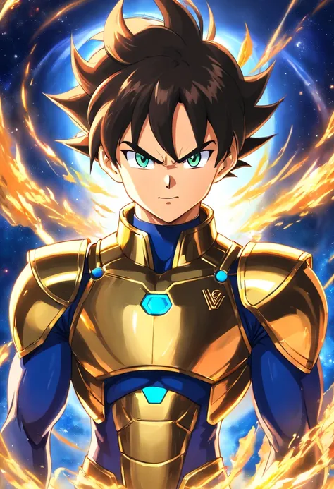 (melhor qualidade, Altas, Realistic:1.37), ultra-detalhado, Vegeta in Gold Armor of the Virgo Zodiac Sign, large muscles, Estilo Saint Seiya, estilo anime, corpo inteiro, olhos e rosto detalhados, long eyeslashes, aura azul e vermelha ao redor de Vegeta, b...