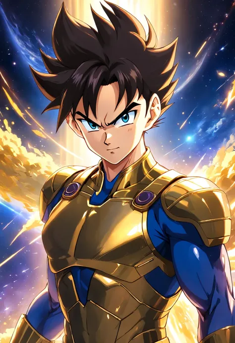 (melhor qualidade, Altas, Realistic:1.37), ultra-detalhado, Vegeta in Gold Armor of the Virgo Zodiac Sign, large muscles, Estilo Saint Seiya, estilo anime, corpo inteiro, olhos e rosto detalhados, long eyeslashes, aura azul e vermelha ao redor de Vegeta, b...