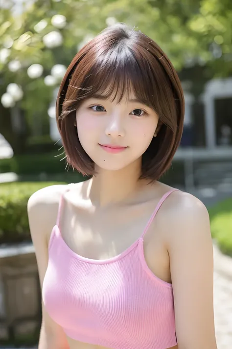 20 years old girl with short hair, adolable, Pink top.